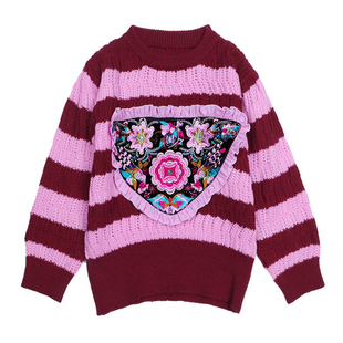 此岸歌声*娇俏枣拼粉横纹绣花小毛衣（S-M码，11件）