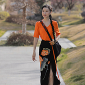 很小量 此岸歌声 不思 荷花绣橘黑拼色日常小礼服裙 原创