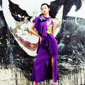 即将下架 此岸歌声 硬糖女郎 紫底黄龙日常礼服裙 原创设计店