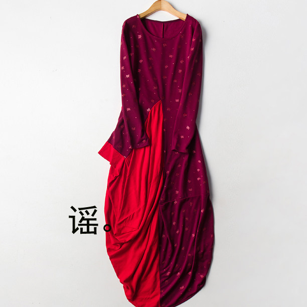 此岸歌声*紫红猫咪图案拼大红不规则小袍子（小量）售完即止