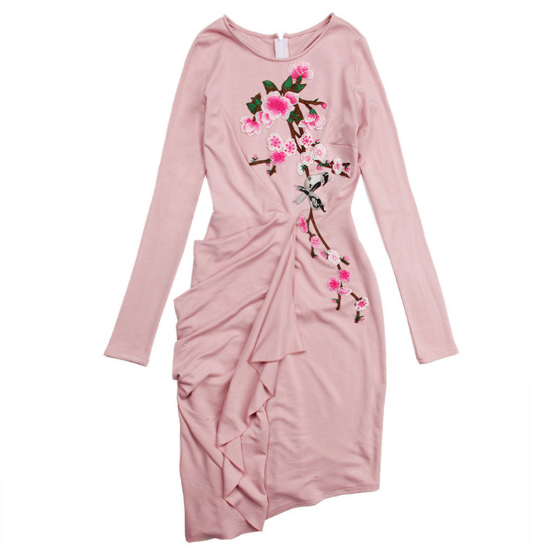 此岸歌声*粉色薄罗马布绣花中长款小礼服裙（30件）