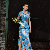 原创设计店 五折 暗蓝花朵盛夏长旗袍 回馈 剧情片 此岸歌声