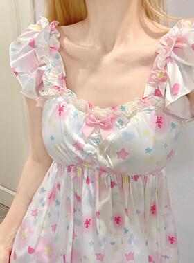Ruibbit原创少女梦睡裙粉色缎面蝴蝶结印花吊带裙家居服女满印可