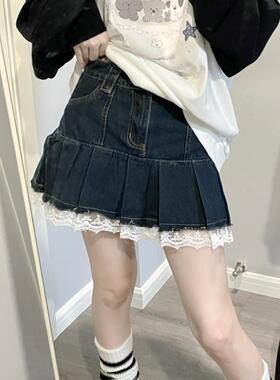 Ruibbit牛仔蕾丝边百褶短裙蓝色辣妹复古百搭显瘦日系防走光半裙