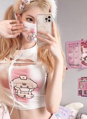 Ruibbit原创小狗印花短袖粉色t恤紧身辣妹纯欲抽绳女y2k绑带镂空