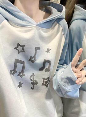 Ruibbit原创音符渐变印花连帽卫衣撞色女休闲加绒美式秋冬亚文化