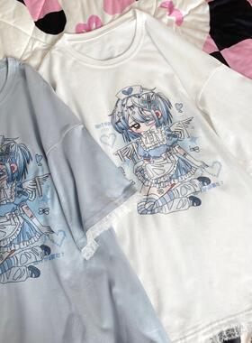 Ruibbit原创蕾丝动漫二次元印花短袖宽松t恤夏少女纯棉女亚文化