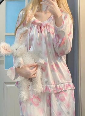Ruibbit原创梦境小熊睡衣粉色缎面印花长袖套装家居服女满印可爱