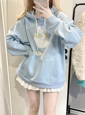 Ruibbit原创设计雪人印花卫衣加绒灰蓝色少女毛领子宽松女连帽