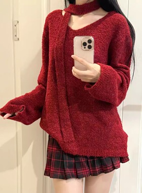 Ruibbit红色新年圣诞毛衣围巾套头v领长袖女秋冬慵懒红格百褶裙