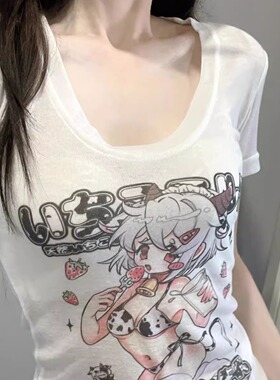 Ruibbit原创泳装印花微透t恤罩衫夏女纯欲二次元透视辣妹收腰上衣