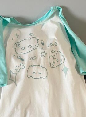 Ruibbit原创涂鸦骨头印花白色拼接短袖宽松t恤夏休闲圆领亚文化