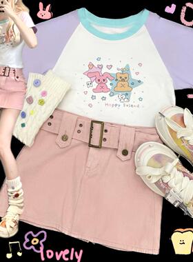 Ruibbit原创星星小兔印花多巴胺穿搭紫色拼接t恤短袖女y2k插肩袖