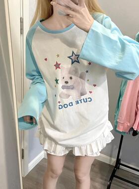 Ruibbit原创设计玩偶小狗印花长袖蓝色插肩袖t恤少女百搭宽松内搭