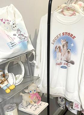 Ruibbit自制原创画报猫狗卫衣动物印花美式复古潮酷圆领女长袖冬