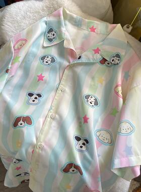 Ruibbit原创设计小狗度假印花衬衫条纹短袖多巴胺童趣y2k少女夏