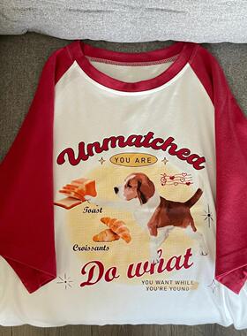 Ruibbit原创红色小狗印花拼接短袖宽松t恤夏休闲圆领美式复古ins