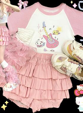 Ruibbit原创kitty吉他印花拼接条纹t恤短袖女y2k插肩袖粉色亚文化