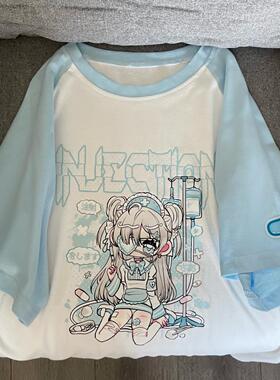 Ruibbit原创护士蓝色印花拼接短袖宽松t恤夏休闲圆领亚文化纯棉