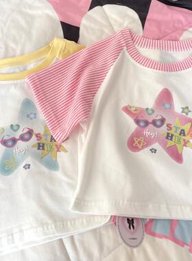 Ruibbit原创海星印花拼接t恤短袖女短款y2k插肩袖闺蜜