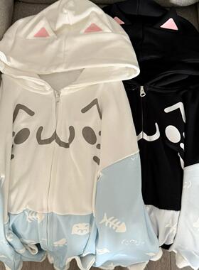 Ruibbit原创猫耳颜文字印花连帽卫衣二次元软萌女秋冬亚文化可爱