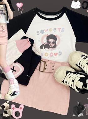 Ruibbit原创玩偶小猫印花拼接t恤短袖女短款y2k插肩袖可爱黑粉色