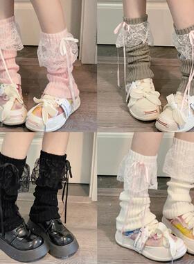 Ruibbit纯色蕾丝蝴蝶结堆堆袜y2k少女白色亚文化辣妹小众腿套显瘦