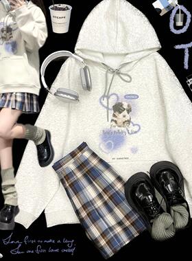 Ruibbit原创美式小狗卫衣加绒动物印花复古连帽女灰色冬宽松长袖