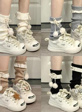 Ruibbit花边毛球堆堆袜套纯色女秋冬日系百搭洛丽塔可爱甜美复古