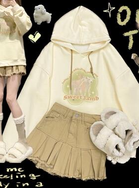 Ruibbit自制原创芝士小羊加绒卫衣动物印花美式连帽女奶黄冬可爱