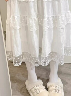 Ruibbit纯色蕾丝白色花边长裙女半身裙日系甜美百搭法式复古A字裙