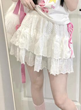 Ruibbit纯色蕾丝白色花边短裙女半身裙日系甜美小众蛋糕裙夏百搭