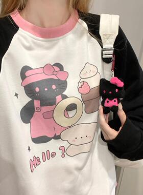 Ruibbit原创设计黑粉色kitty少女卫衣印花y2k亚文化辣妹女插肩袖