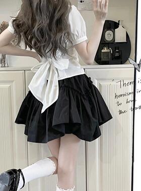 Ruibbit纯色蓬蓬裙白黑色a字花边荷叶短裙松紧纯色日系女夏半身裙