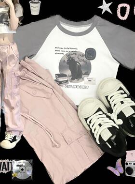 Ruibbit原创黑猫唱片印花拼接t恤短袖女短款y2k插肩袖辣妹灰色酷