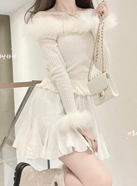 Ruibbit 纯欲感一字肩毛毛上衣黑白色小白兔小恶魔温柔韩风秋冬