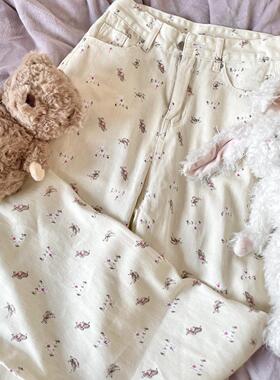 Ruibbit米白色小熊碎花牛仔长裤女休闲阔腿春秋少女日系宽松软妹