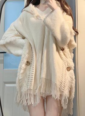 Ruibbit波西米亚斗篷套头温柔慵懒日系简约长袖女包邮秋冬米白色