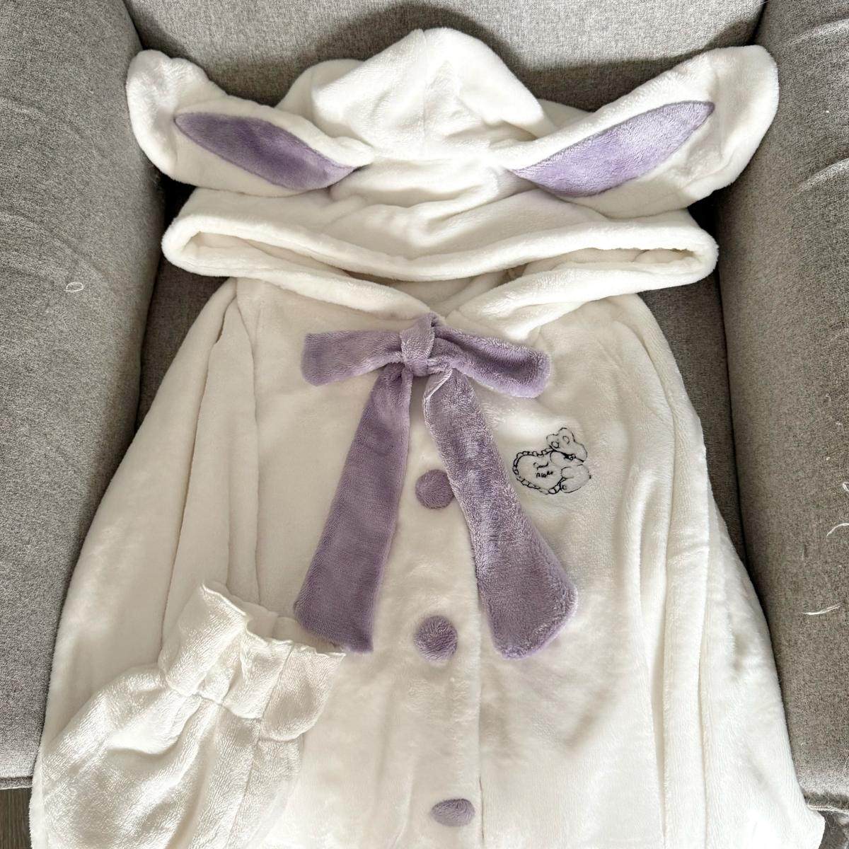 Ruibbit原创兔耳朵长款白色睡衣法兰绒秋冬长袖家居服少女连帽