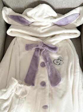 Ruibbit原创兔耳朵长款白色睡衣法兰绒秋冬长袖家居服少女连帽