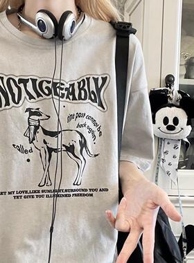 Ruibbit原创设计复古插画小狗印花短袖t恤灰色宽松夏女ins风中性