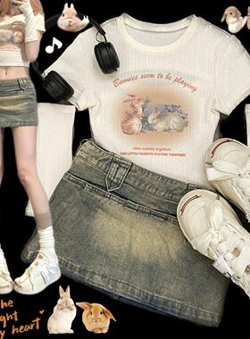 Ruibbit原创复古兔子短袖紧身短款送袖套印花t恤美式女棕色y2k