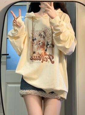 Ruibbit原创设计卫衣动物印花美式复古连帽女长袖奶黄ins薄款小狗