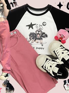 Ruibbit原创滑板小狗印花拼接t恤短袖女y2k插肩袖黑色短款潮酷