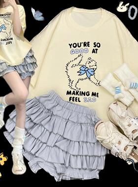 Ruibbit原创蝴蝶结小猫印花奶黄色短袖宽松t恤夏休闲圆领纯棉少女