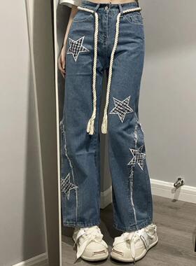 Ruibbit星星牛仔裤蓝色女宽松刺绣阔腿裤直筒抽绳高街美式复古