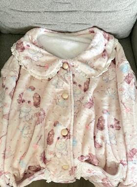 Ruibbit原创小狗印花睡衣法兰绒秋冬长袖连帽套装家居服女圆领