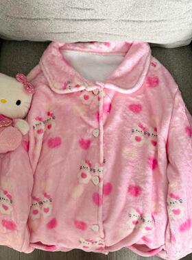 Ruibbit原创爱心kitty粉色睡衣法兰绒秋冬长袖套装家居服少女圆领