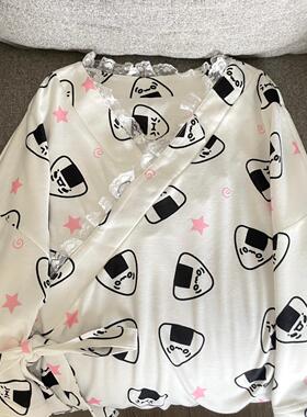 Ruibbit原创饭团蕾丝浴衣白色短袖恤夏宽松二次元宅女印花亚文化