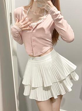 Ruibbit芭蕾圆舞曲粉色蕾丝假两件上衣长袖半身裙白色蓬蓬裙高腰